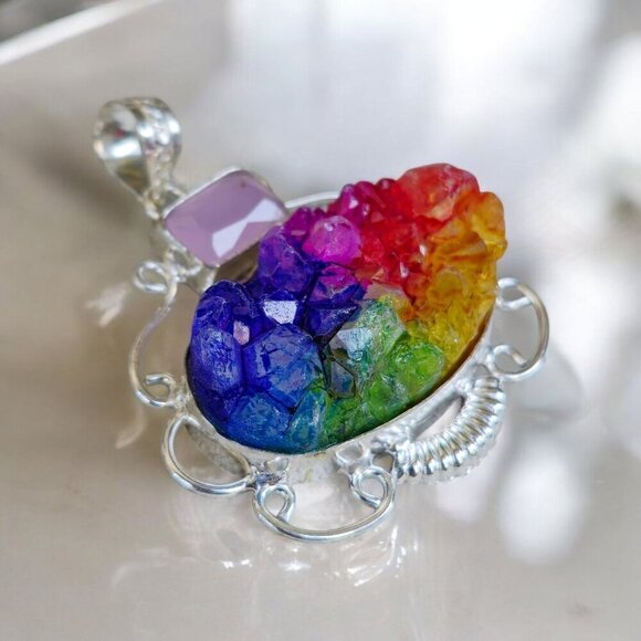 Rainbow Garnet ✦ Rose Quartz Pendant ✦ Sterling Silver Gem Cluster NWT - Picture 3 of 10